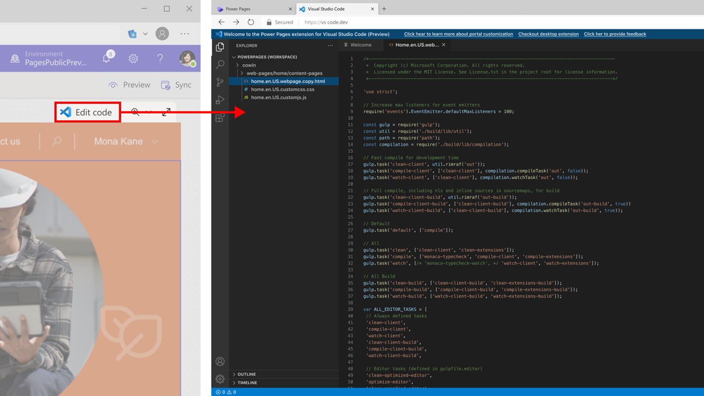 This in-product screenshot shows new pro-developer tools including the integration of the Power Pages Design Studio with Visual Studio Code Web.