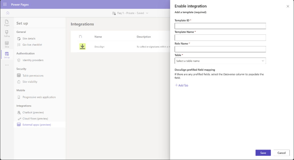Screenshot showing mapping Power Pages to the DocuSign Template