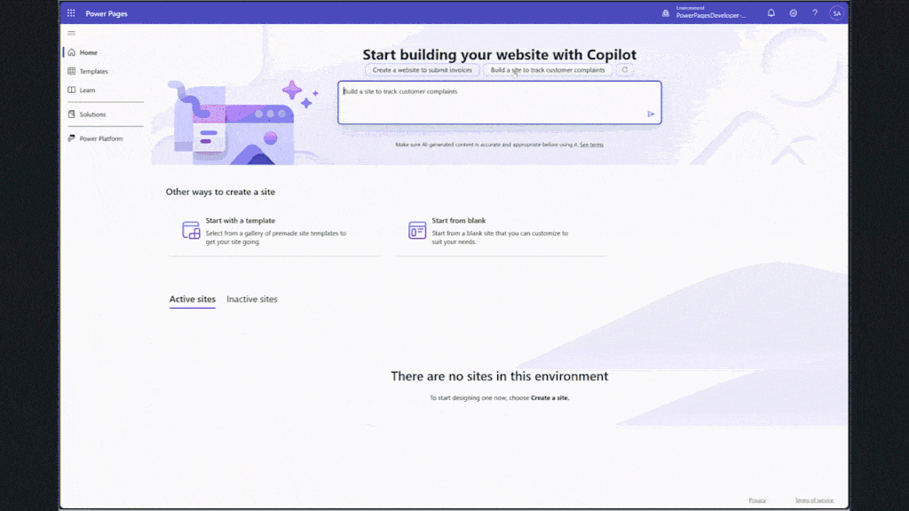 Create site using Copilot